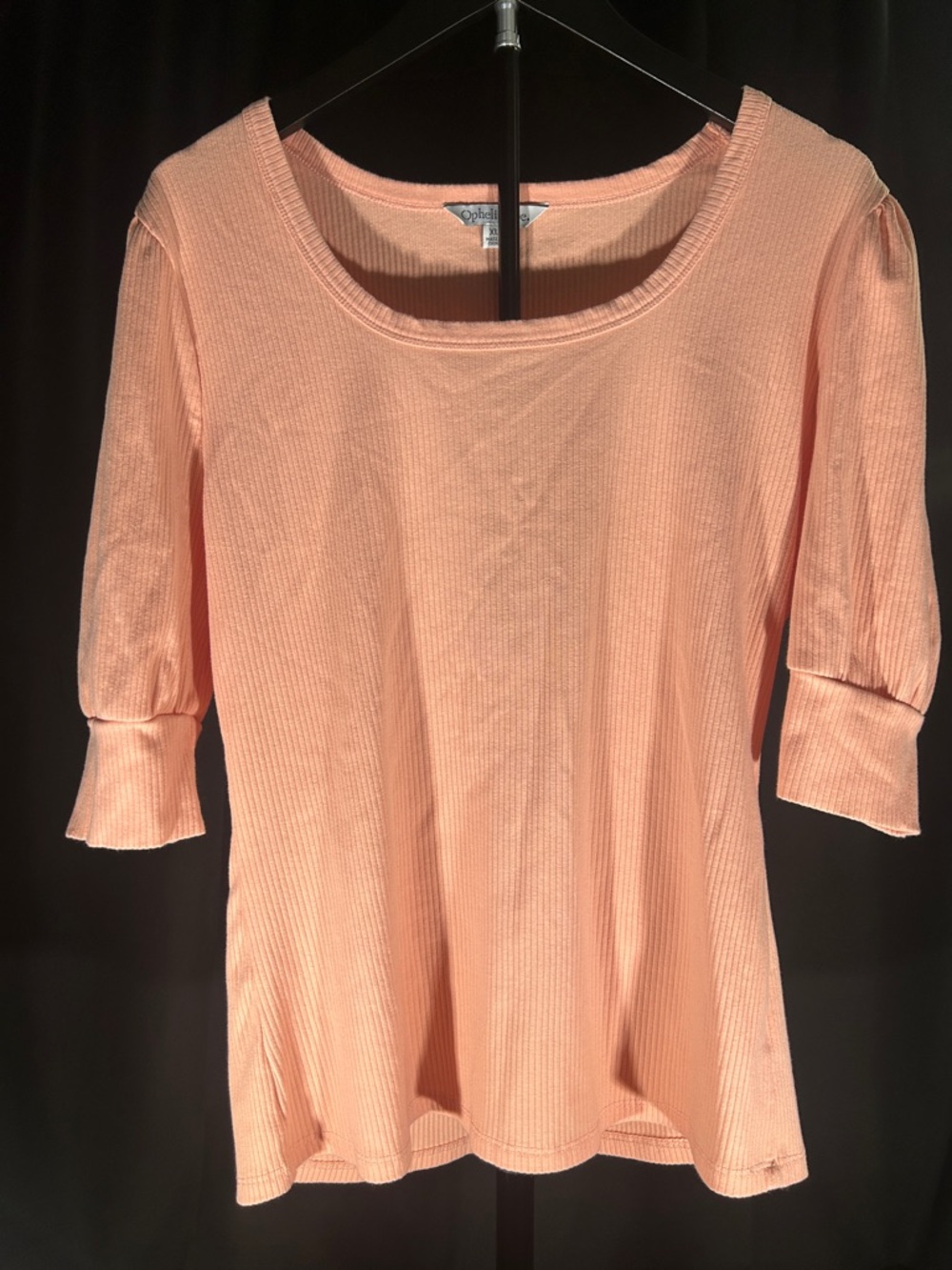 Ophelia Roe Peach Ribbed Scoop Neck Elbow-Sleeve Top